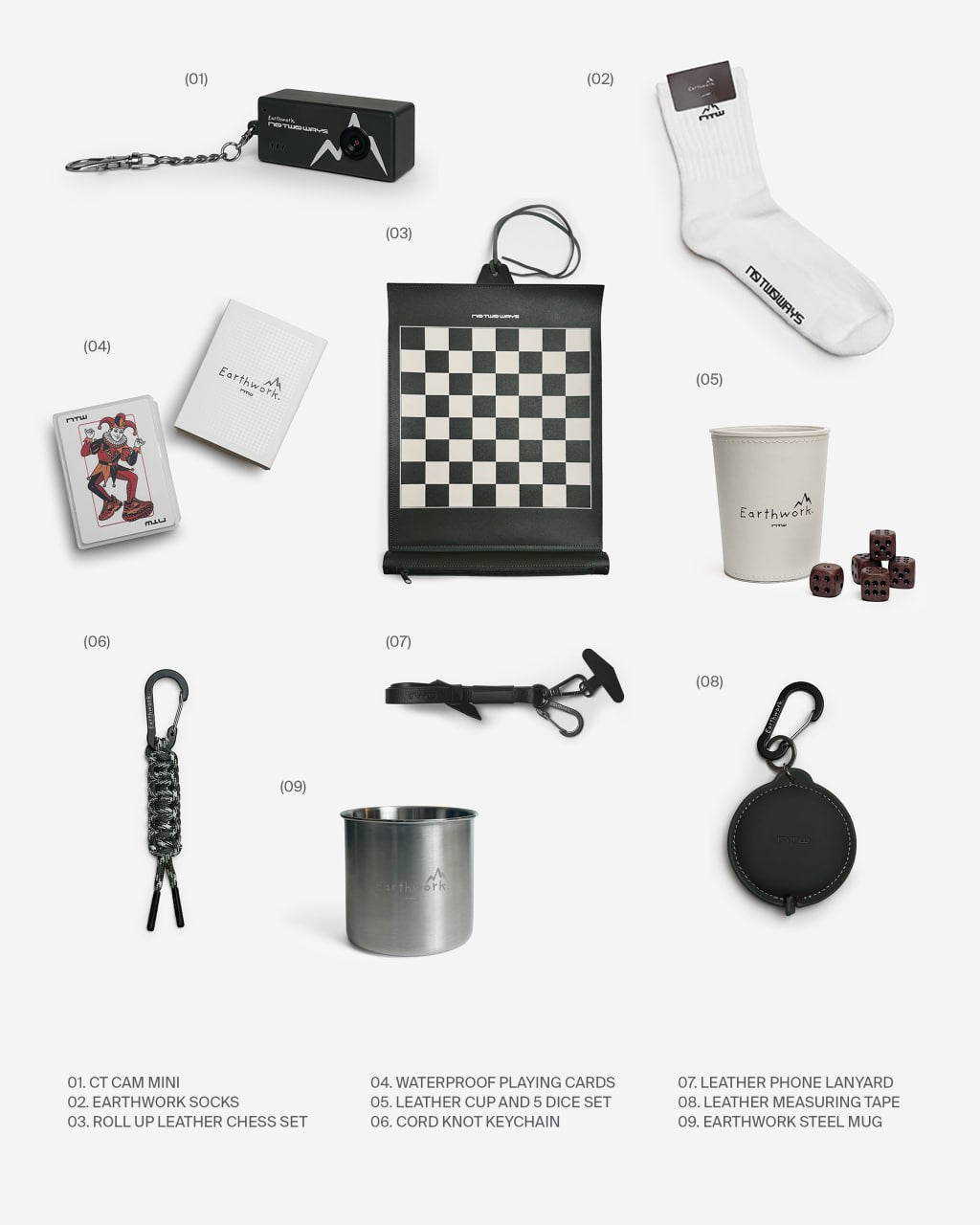 The nine Earthwork accessories, numbered to match the accessory list: mini camera, socks, chess set, playing cards, dice set, keychain, phone lanyard, measuring tape and steel mug.