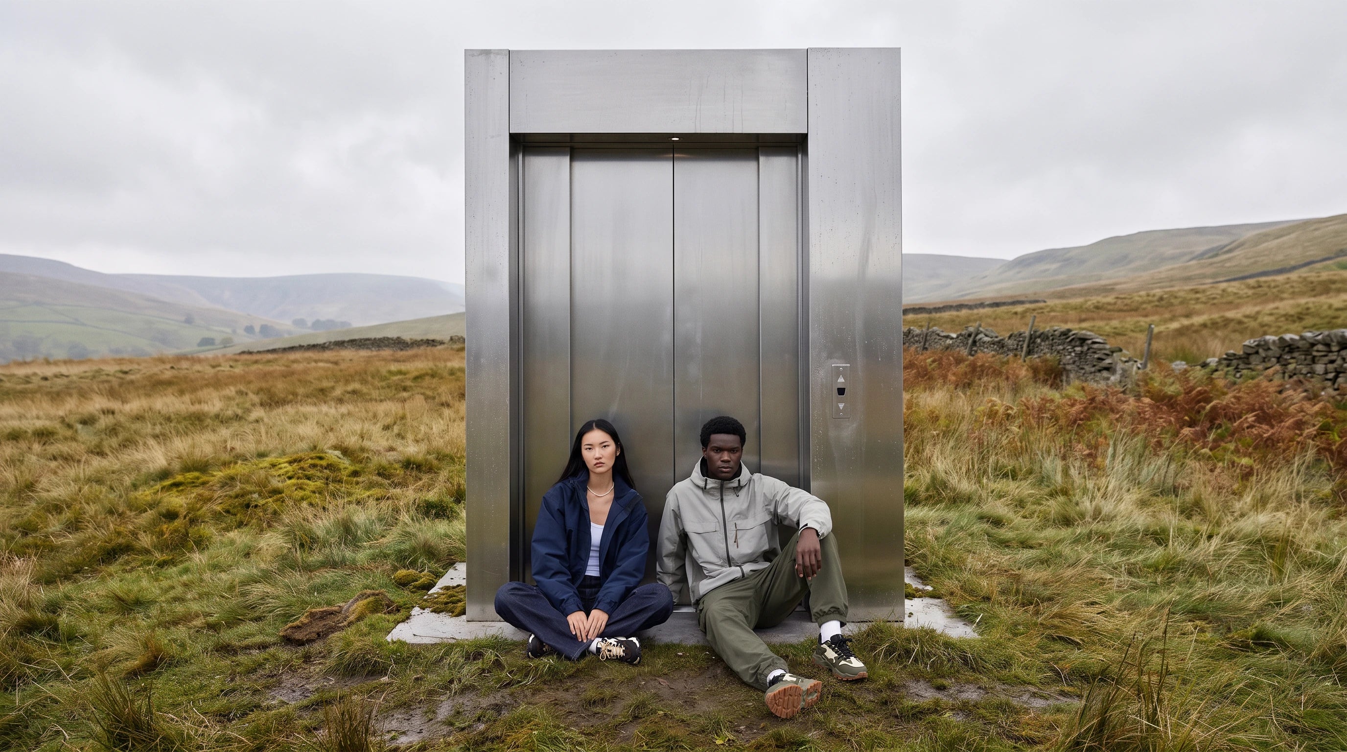 Two models wearing Earthwork beside a steel lift in the countryside